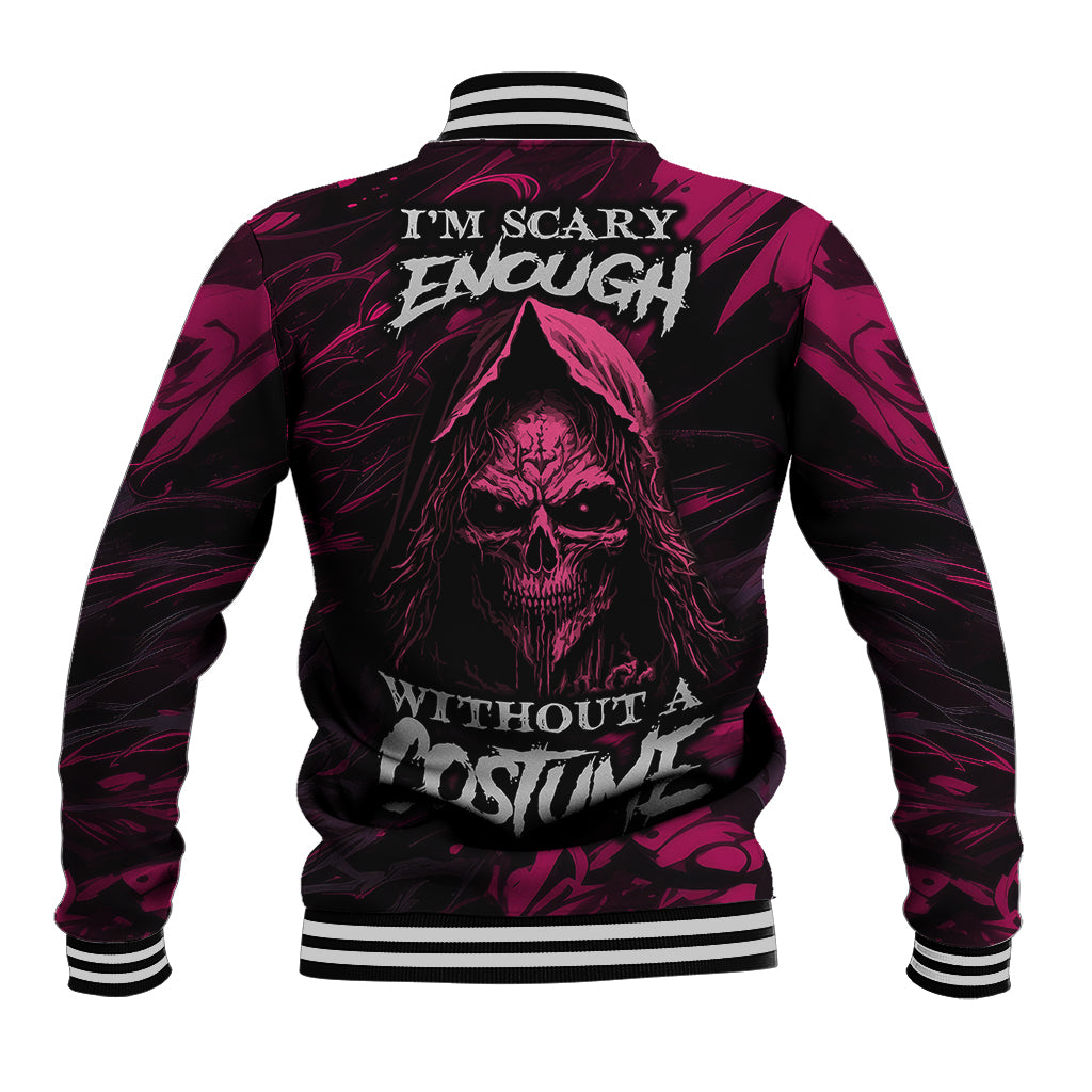Back black baseball jacket with skull and 'I'm scary enough' text, striped ribbed cuffs