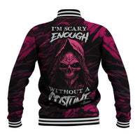 Back black baseball jacket with skull and 'I'm scary enough' text, striped ribbed cuffs