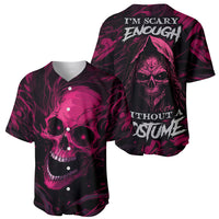 Purple baseball jersey showing front and back skull prints with button V-neck