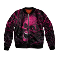 Purple and black bomber jacket with skull flame graphic, zip front