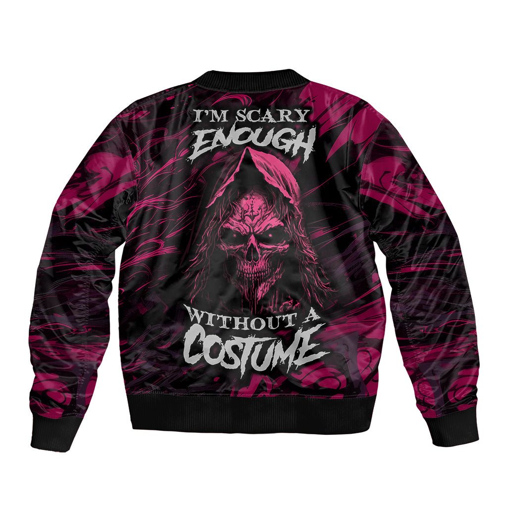 Purple and black bomber jacket with back quote text and skull graphic