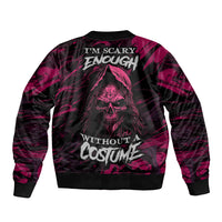 Purple and black bomber jacket with back quote text and skull graphic