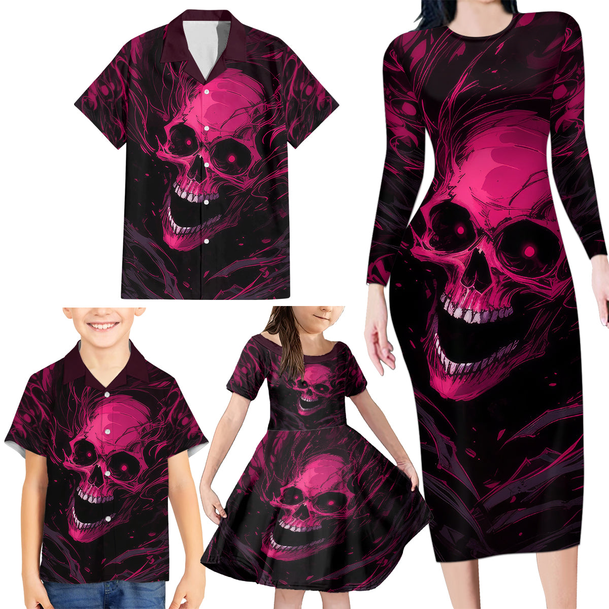 Death Skull Family Matching Long Sleeve Bodycon Dress and Hawaiian Shirt I'm Scary Enough Without A Costume - Wonder Print Shop