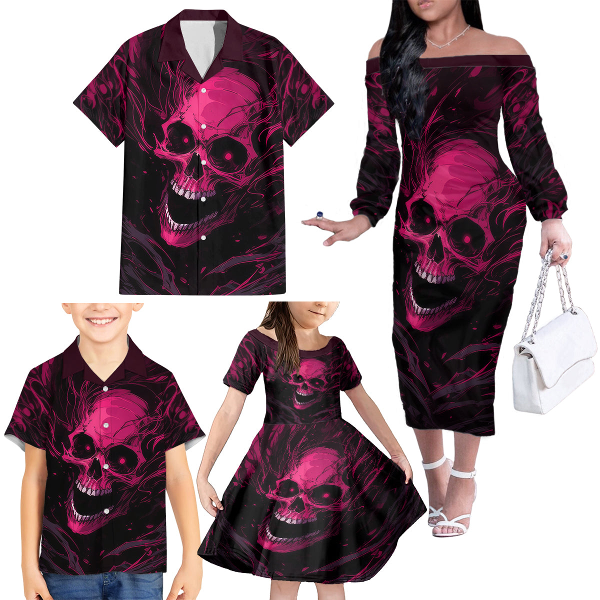 Death Skull Family Matching Off Shoulder Long Sleeve Dress and Hawaiian Shirt I'm Scary Enough Without A Costume - Wonder Print Shop