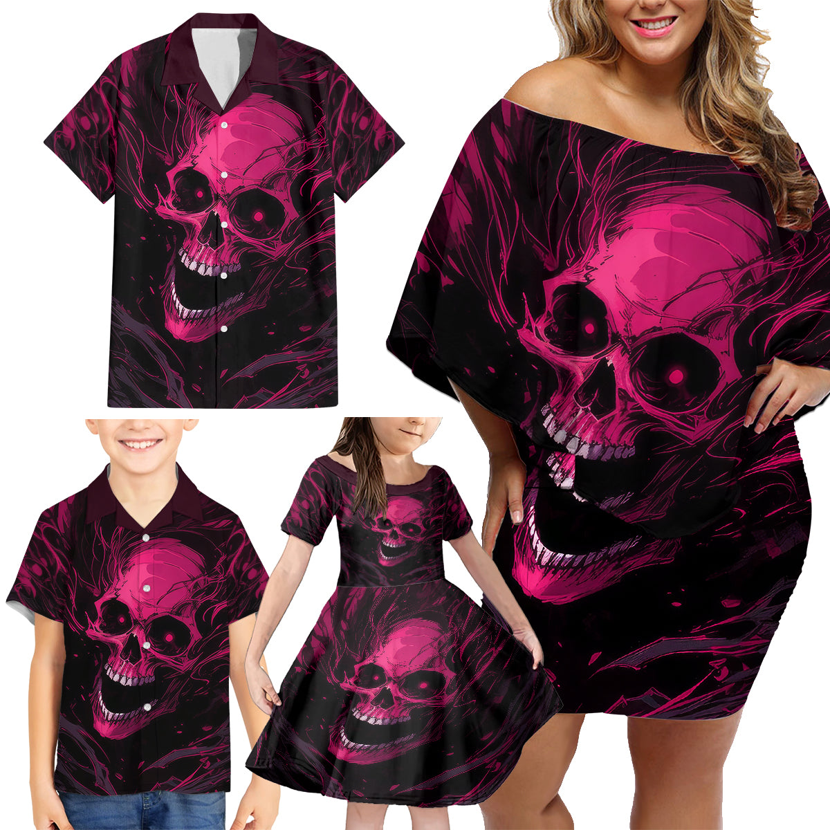 Death Skull Family Matching Off Shoulder Short Dress and Hawaiian Shirt I'm Scary Enough Without A Costume - Wonder Print Shop