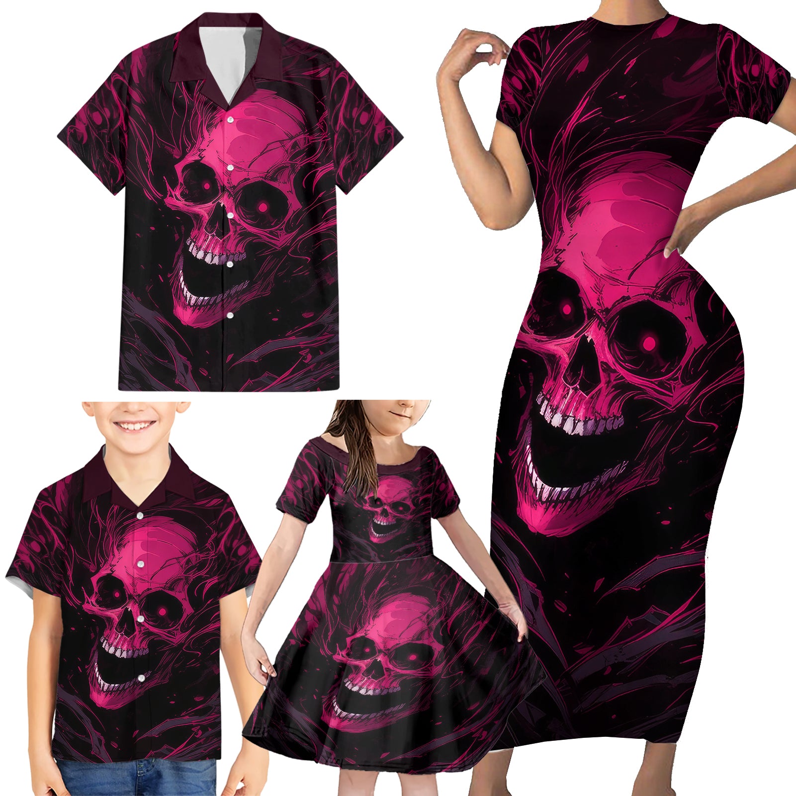 Death Skull Family Matching Short Sleeve Bodycon Dress and Hawaiian Shirt I'm Scary Enough Without A Costume - Wonder Print Shop