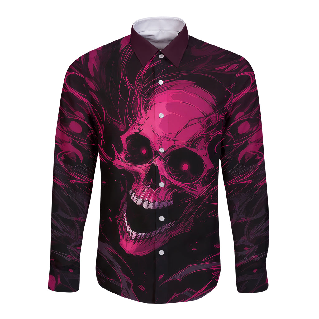 Purple long-sleeve button shirt with skull graphic, front