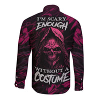 Purple long-sleeve button shirt with skull and costume text, back