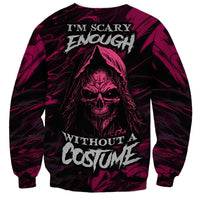 Unisex purple sweatshirt with back text I'm scary enough and skull graphic, long sleeves