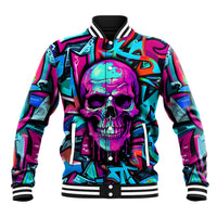 Multicolor skull graphic baseball jacket, striped collar and cuffs