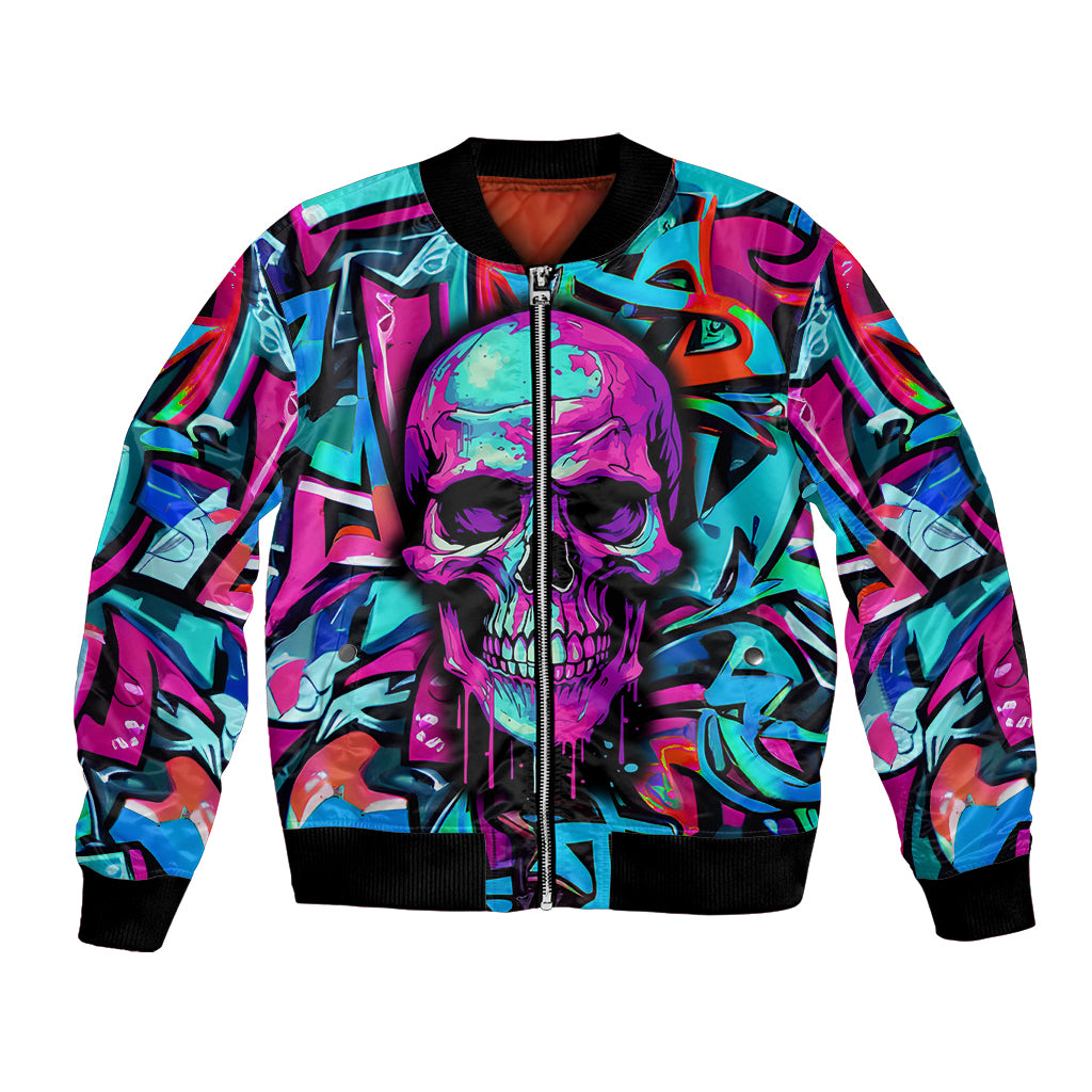 Multicolor bomber jacket with zip-front and skull graffiti graphic, black ribbed hem and cuffs