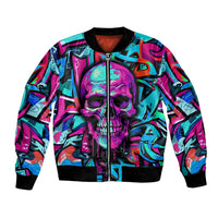 Multicolor bomber jacket with zip-front and skull graffiti graphic, black ribbed hem and cuffs