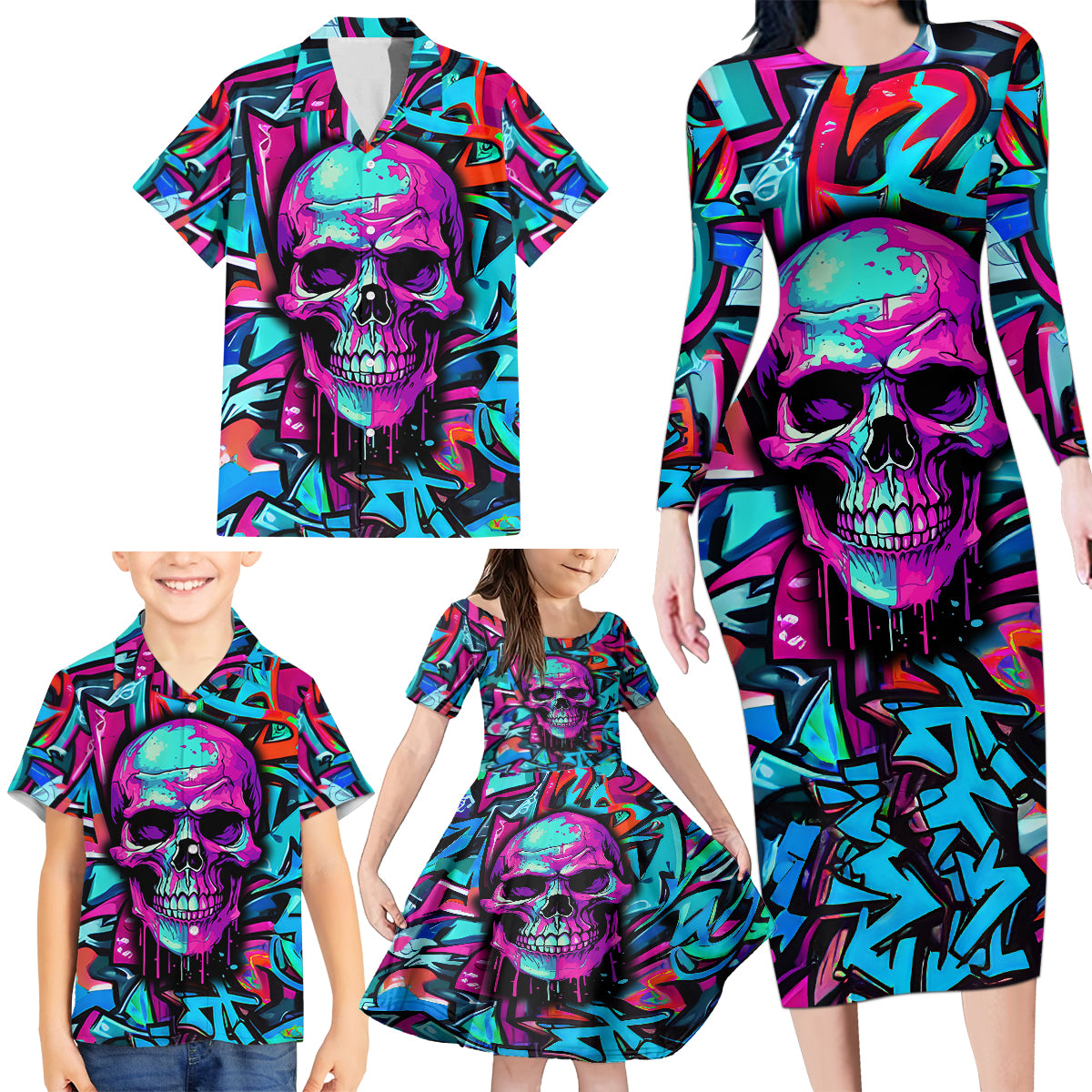 Skull Grafity Family Matching Long Sleeve Bodycon Dress and Hawaiian Shirt You Are Never Too Young To Dream Big - Wonder Print Shop