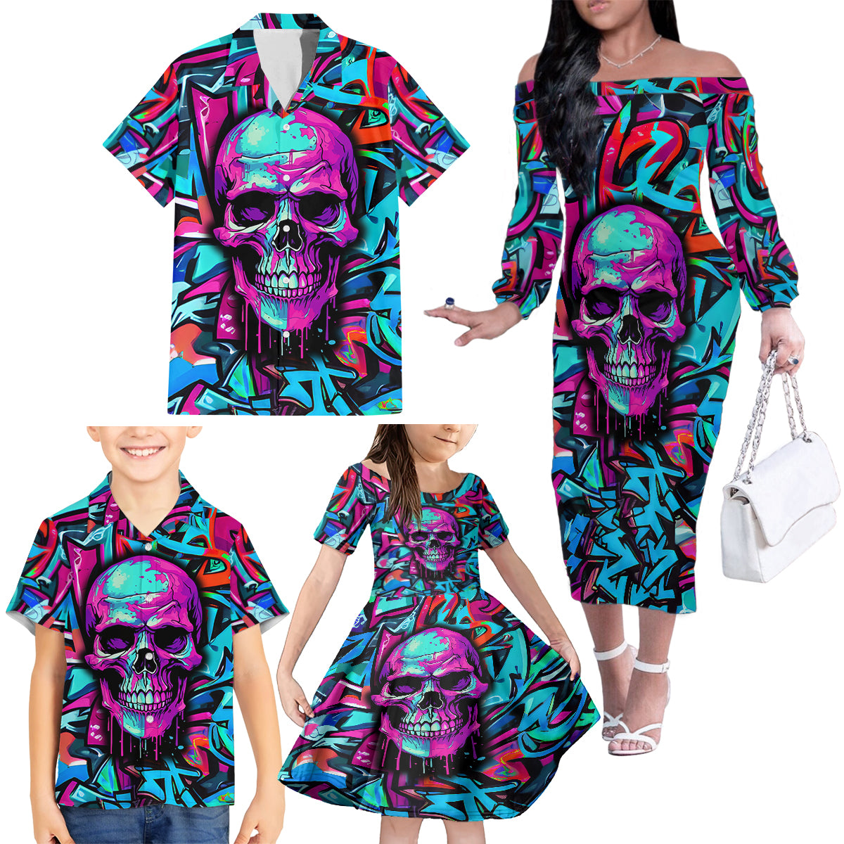 Skull Grafity Family Matching Off Shoulder Long Sleeve Dress and Hawaiian Shirt You Are Never Too Young To Dream Big - Wonder Print Shop