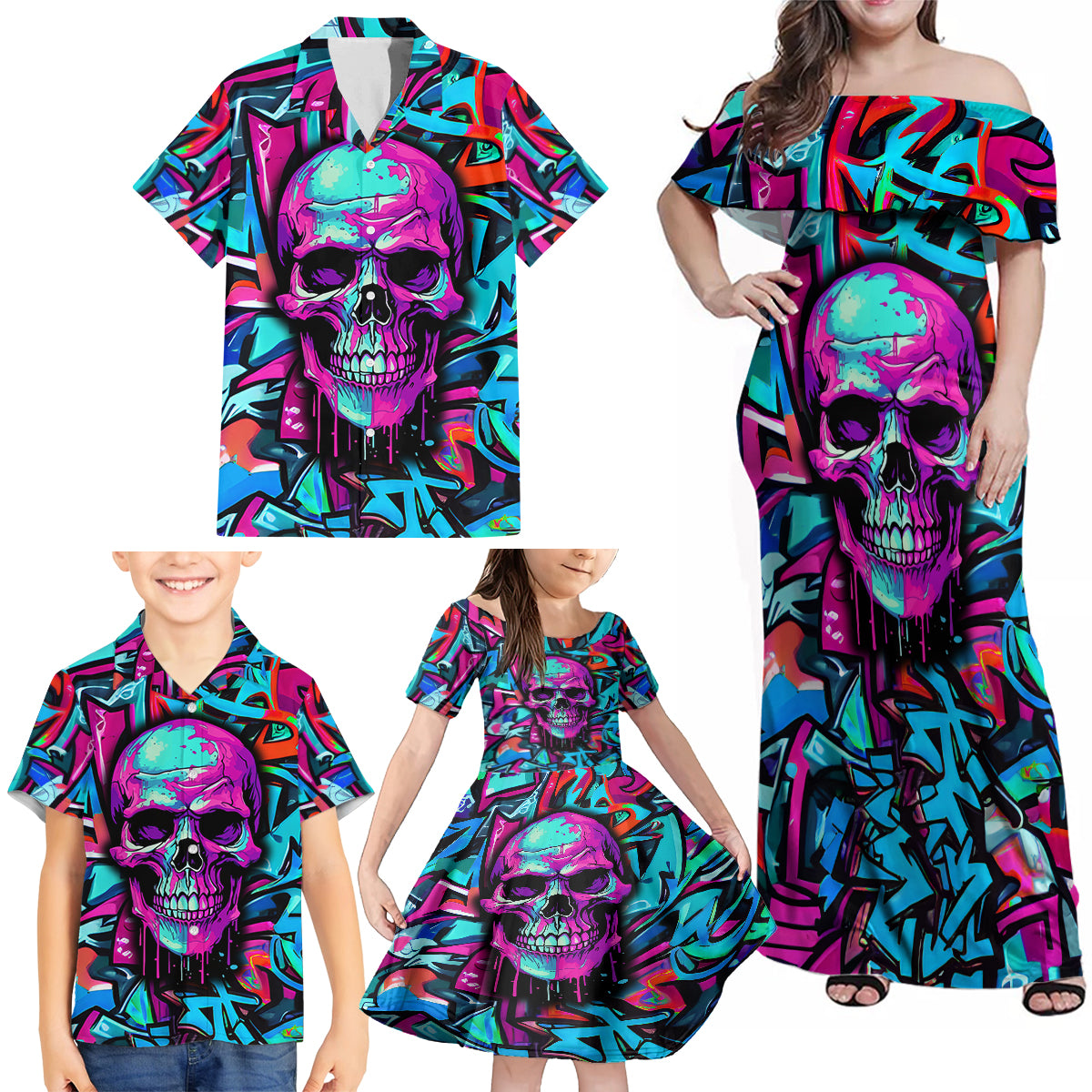 Skull Grafity Family Matching Off Shoulder Maxi Dress and Hawaiian Shirt You Are Never Too Young To Dream Big - Wonder Print Shop