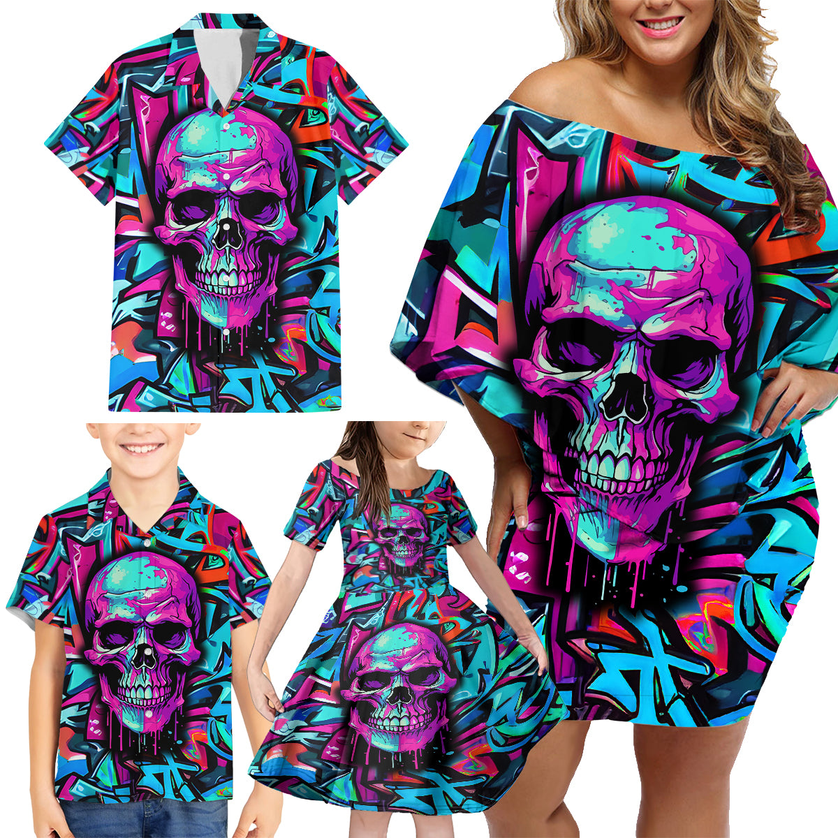 Skull Grafity Family Matching Off Shoulder Short Dress and Hawaiian Shirt You Are Never Too Young To Dream Big - Wonder Print Shop