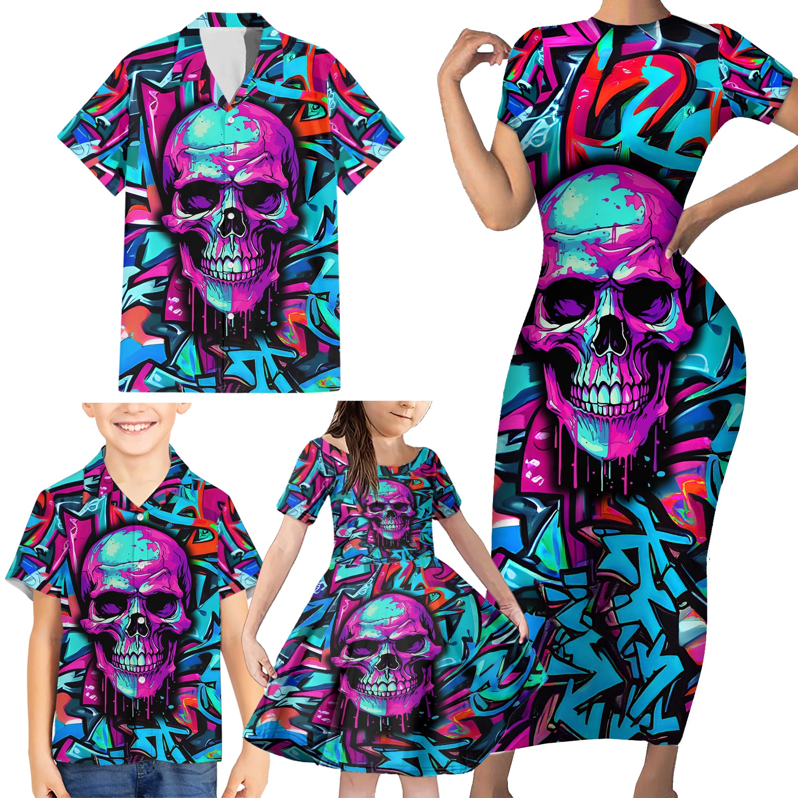 Skull Grafity Family Matching Short Sleeve Bodycon Dress and Hawaiian Shirt You Are Never Too Young To Dream Big - Wonder Print Shop