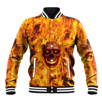 Flaming skull baseball jacket, orange and yellow with black accents, button front, ribbed trim