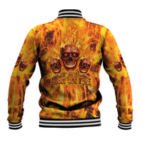 Back view flaming skull baseball jacket, striped ribbed collar and cuffs, button front