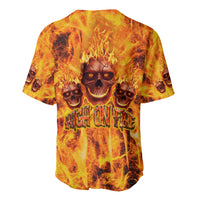Flaming skull baseball jersey with yellow-orange flame graphics and rear button placket
