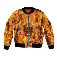 Multicolor flaming skull bomber jacket with full zip and ribbed cuffs, front graphic
