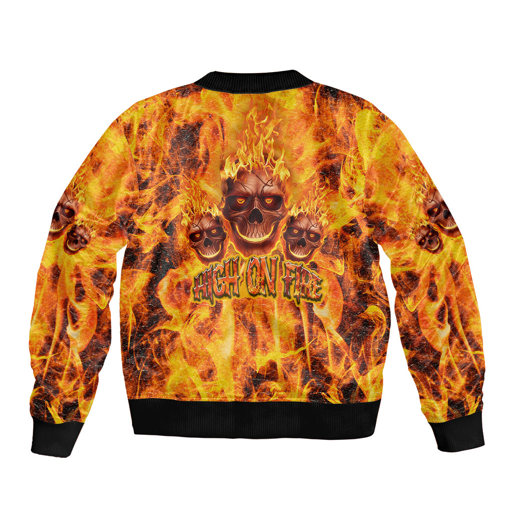 Multicolor flaming skull bomber jacket, ribbed hem, back graphic with three skulls