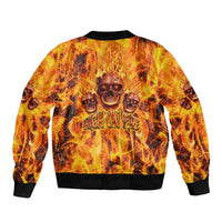 Multicolor flaming skull bomber jacket, ribbed hem, back graphic with three skulls