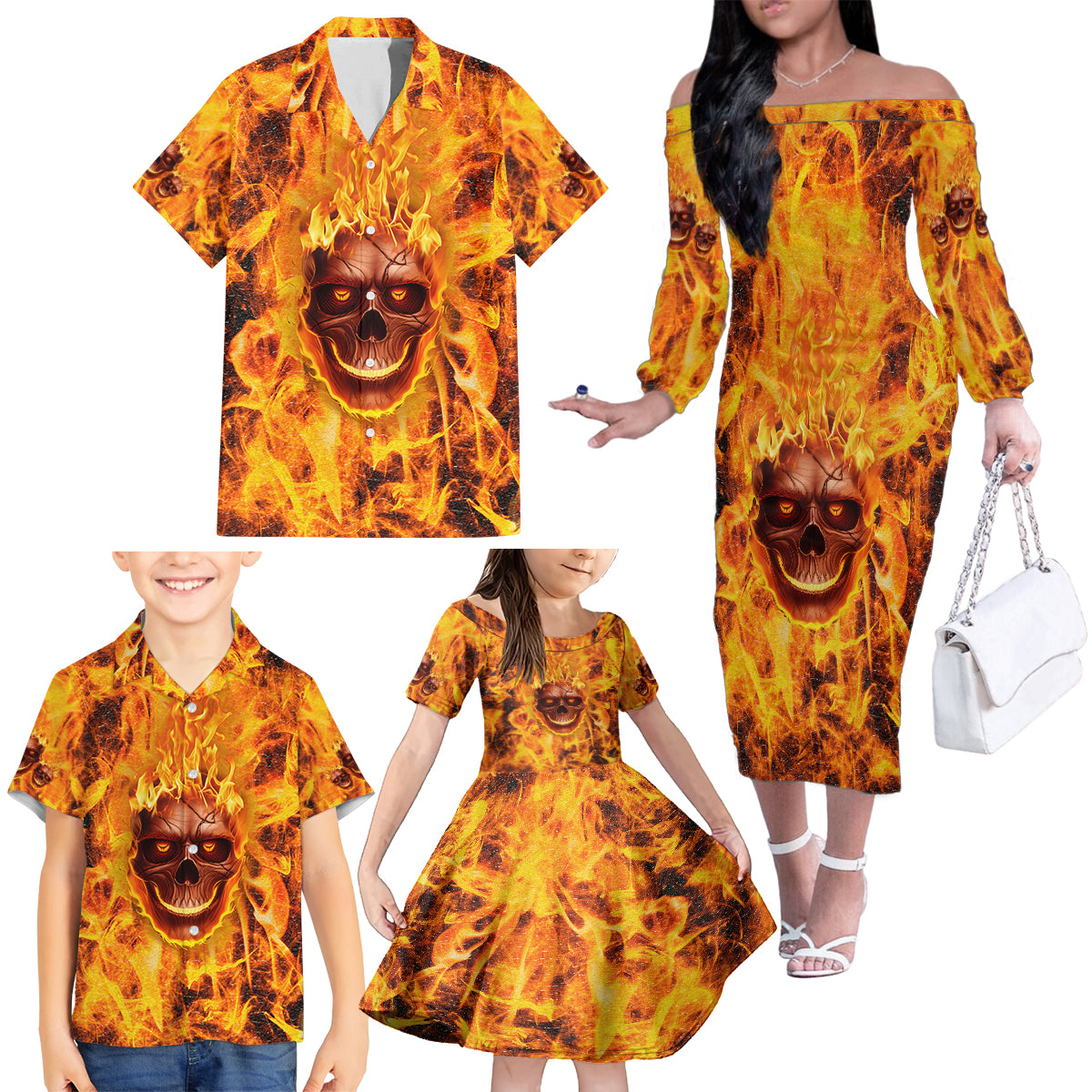 Three Skulls Flaming Family Matching Off Shoulder Long Sleeve Dress and Hawaiian Shirt High On Fire - Wonder Print Shop