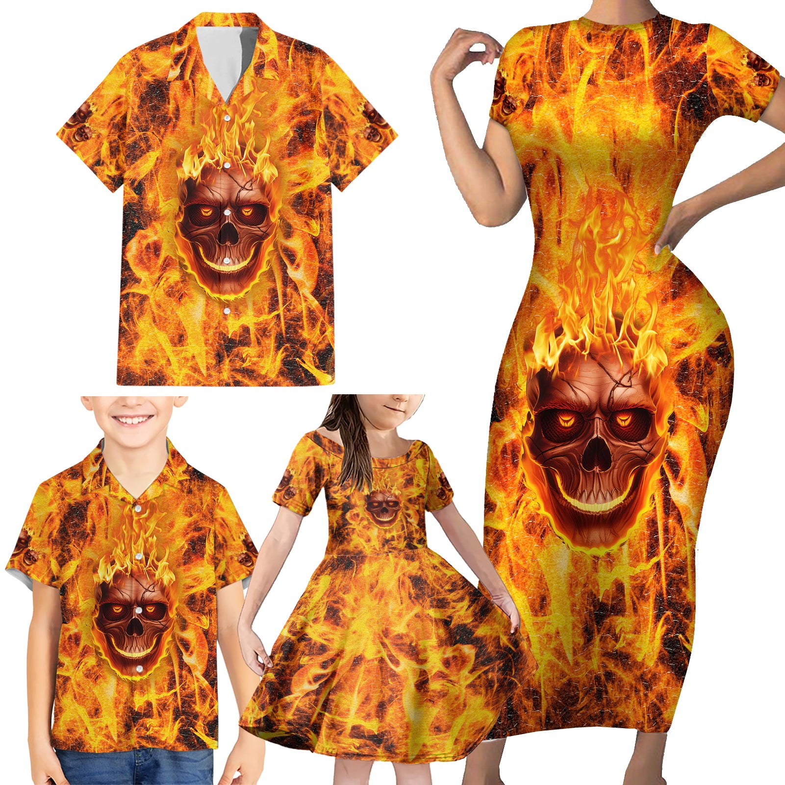 Three Skulls Flaming Family Matching Short Sleeve Bodycon Dress and Hawaiian Shirt High On Fire - Wonder Print Shop