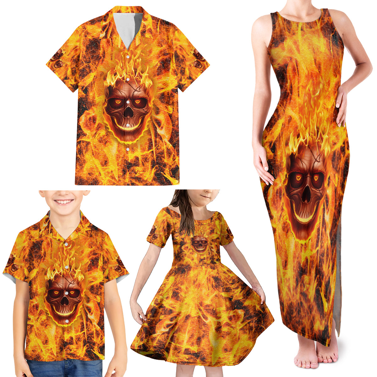 Three Skulls Flaming Family Matching Tank Maxi Dress and Hawaiian Shirt High On Fire - Wonder Print Shop