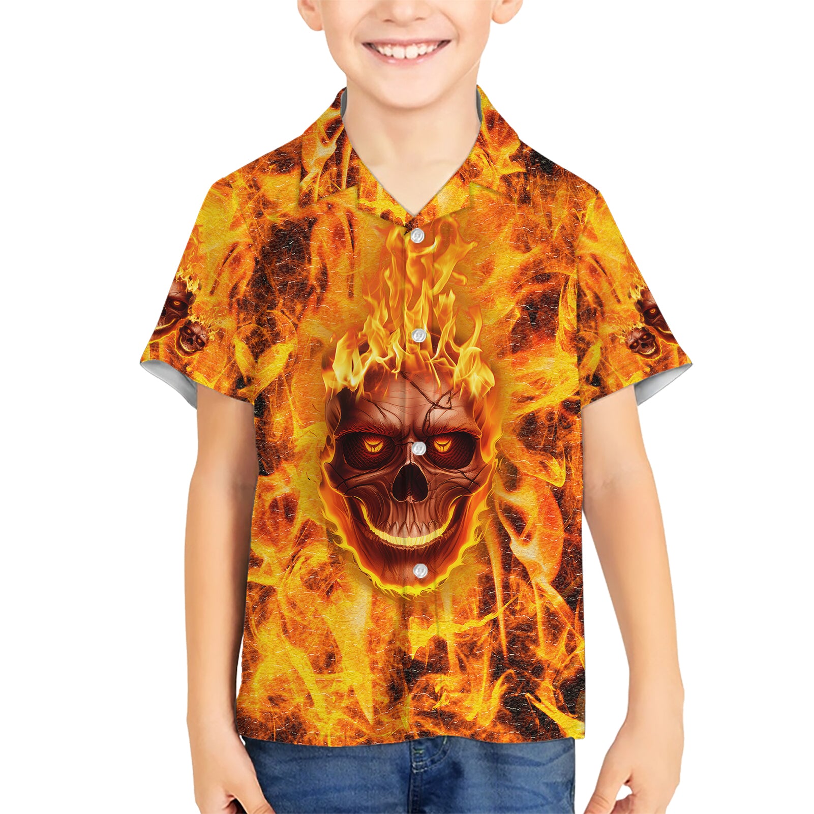 Three Skulls Flaming Kid Hawaiian Shirt High On Fire - Wonder Print Shop