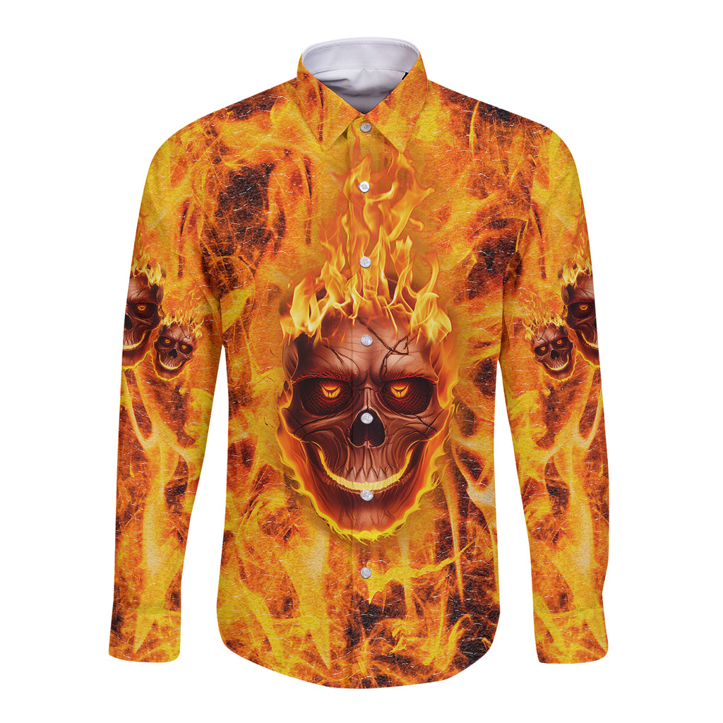 Three Skulls Flaming Long Sleeve Button Shirt High On Fire - Wonder Print Shop