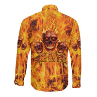 Flaming skulls long-sleeve button shirt, back graphic with “High On Fire” text