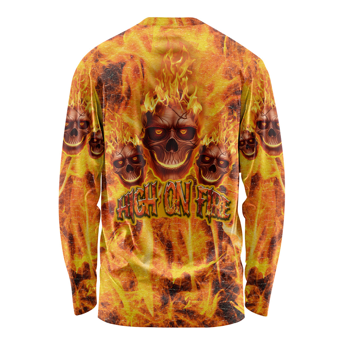 Multicolor long-sleeve shirt with flaming skull graphic on back
