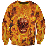 Multicolor flame skull crewneck sweatshirt with large burning face graphic