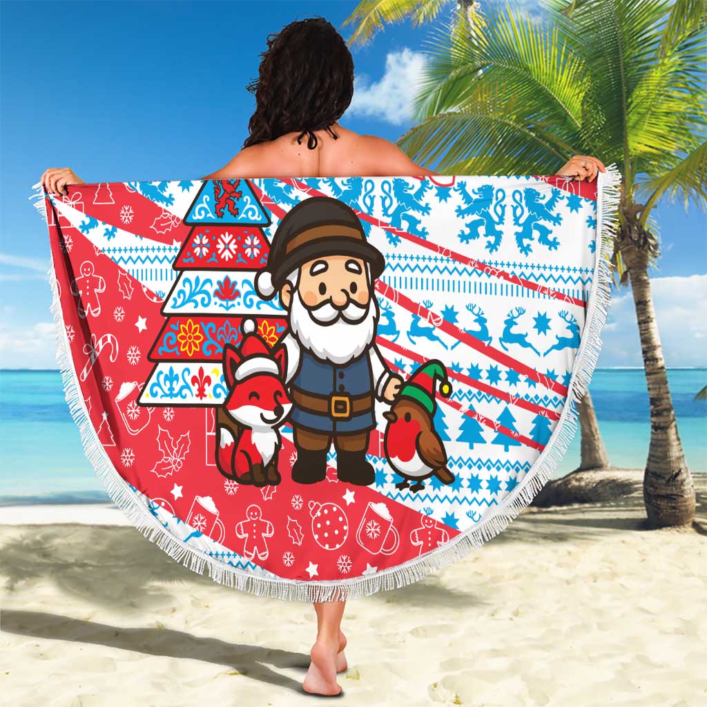 Luxembourg Christmas Beach Blanket with Santa Claus Fox Reindeer Tree and Red Blue Pattern Design - Wonder Print Shop