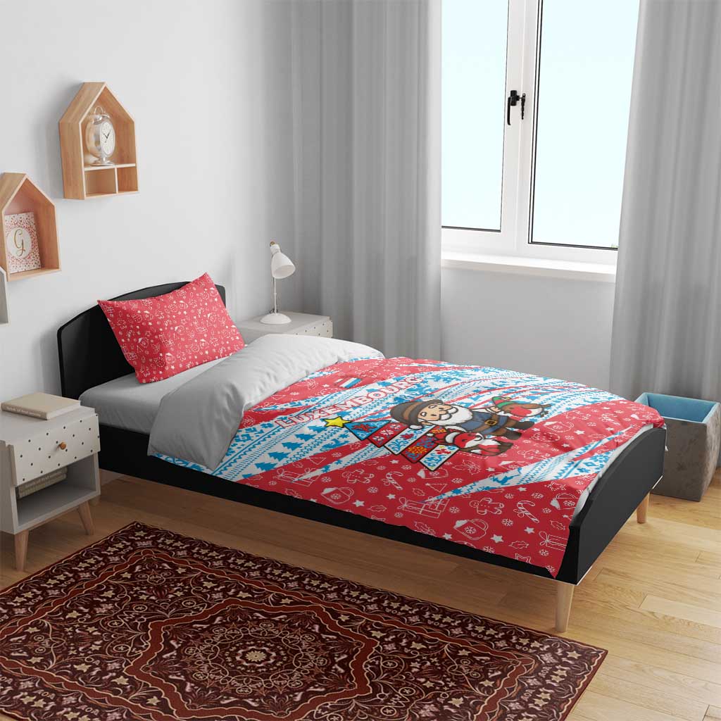 Luxembourg Christmas Bedding Set with Santa Claus Fox Reindeer Tree and Red Blue Pattern Design - Wonder Print Shop