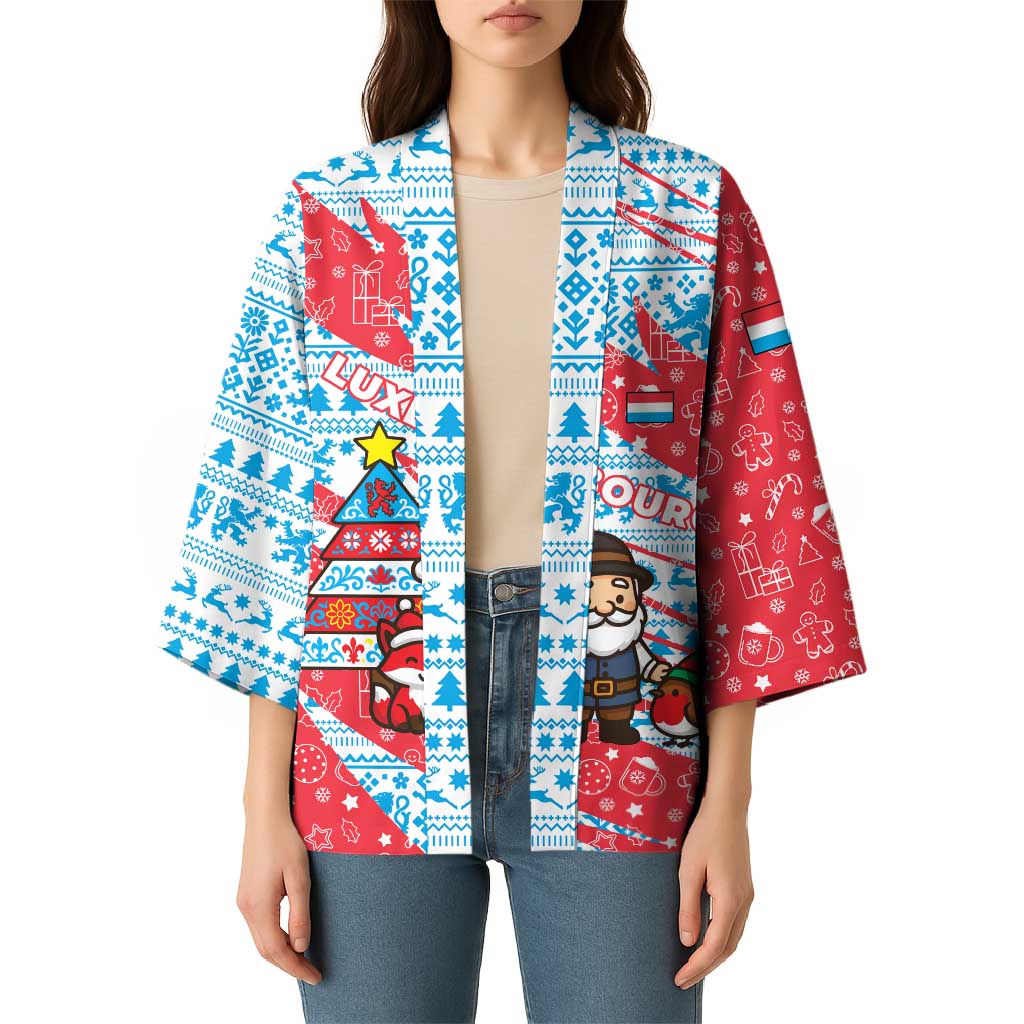 Luxembourg Christmas Kimono with Santa Claus Fox Reindeer Tree and Red Blue Pattern Design - Wonder Print Shop