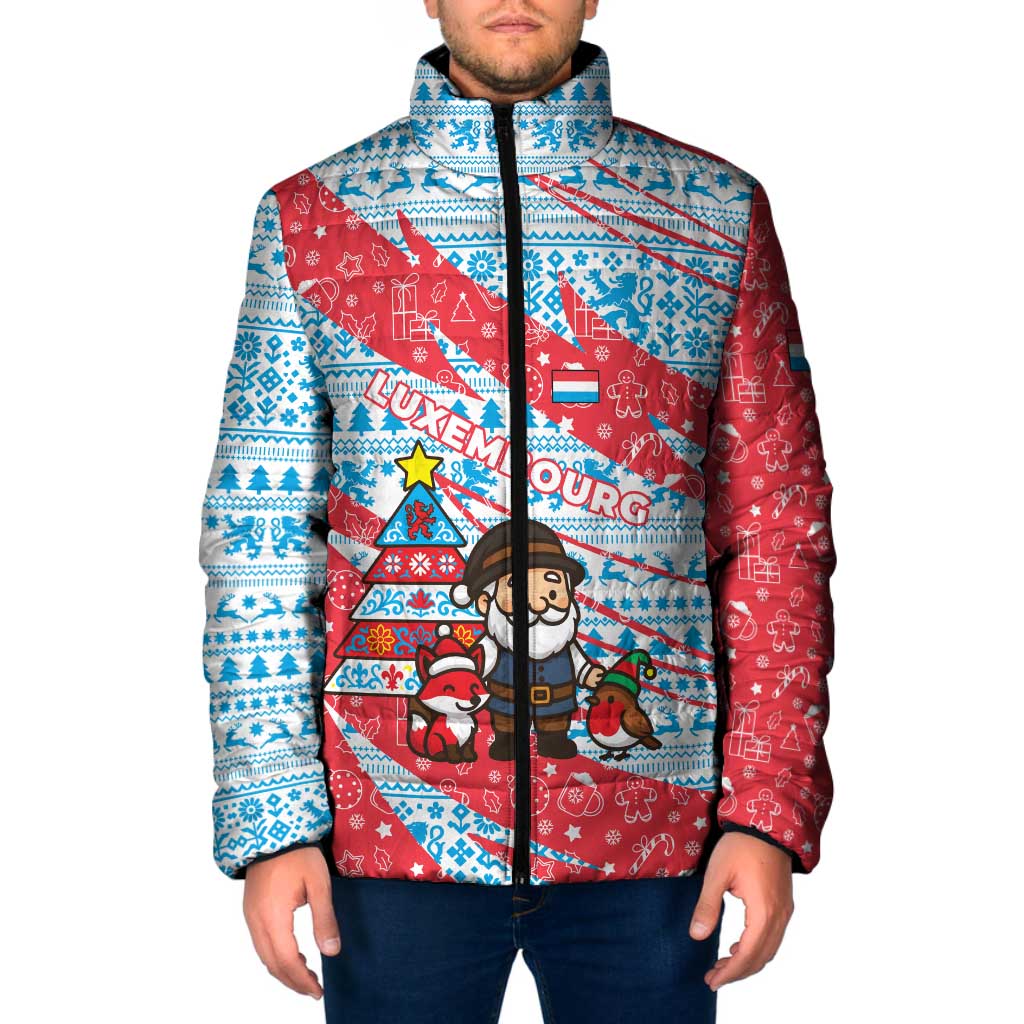 Luxembourg Christmas Padded Jacket with Santa Claus Fox Reindeer Tree and Red Blue Pattern Design - Wonder Print Shop