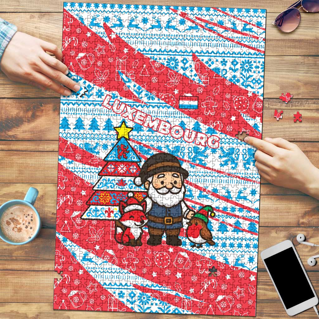Luxembourg Christmas Puzzle with Santa Claus Fox Reindeer Tree and Red Blue Pattern Design - Wonder Print Shop