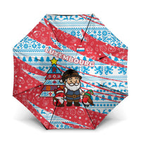 Luxembourg Christmas Umbrella with Santa Claus Fox Reindeer Tree and Red Blue Pattern Design - Wonder Print Shop