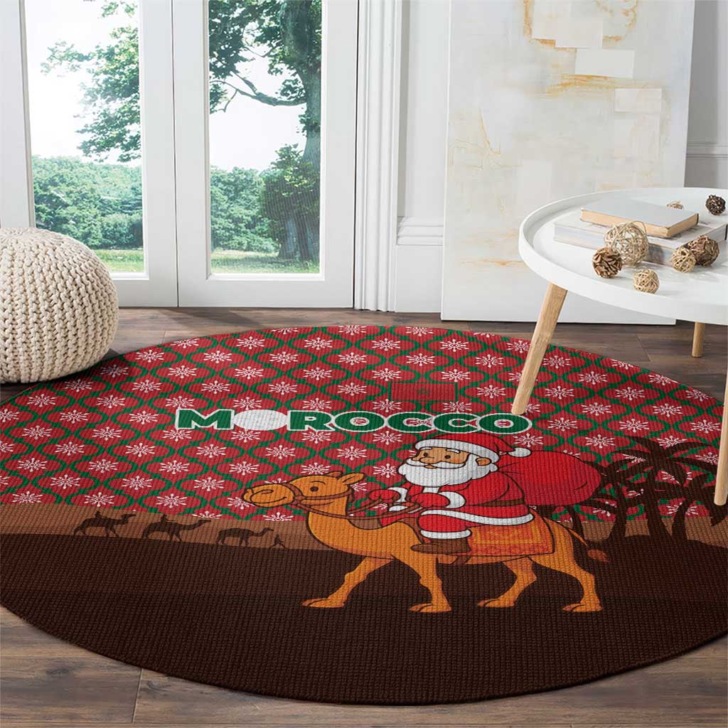 Morocco Christmas Round Carpet with Santa Claus Camel Caravan Desert Scene and Red Pattern Design - Wonder Print Shop