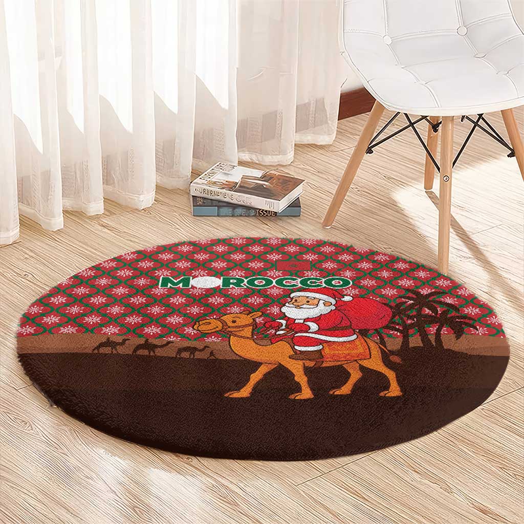 Morocco Christmas Round Carpet with Santa Claus Camel Caravan Desert Scene and Red Pattern Design - Wonder Print Shop