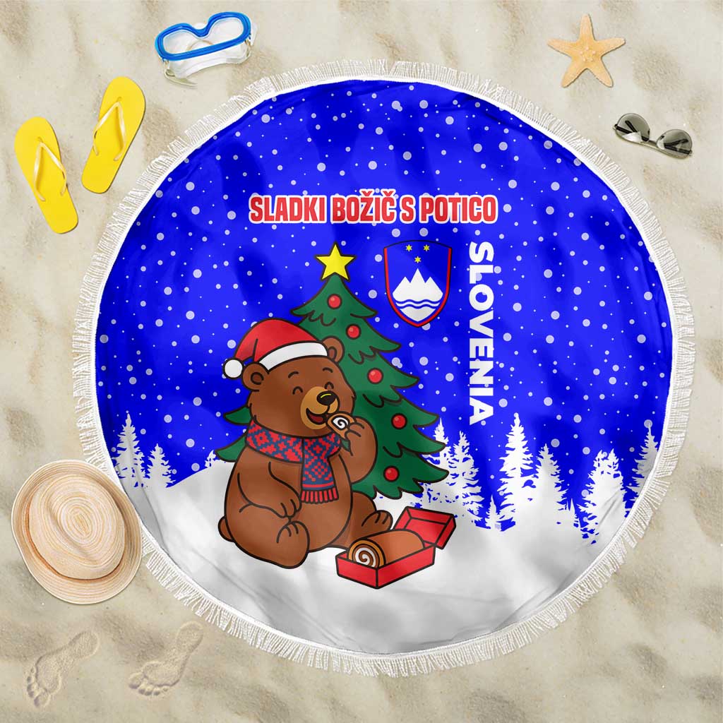 Slovenia Christmas Beach Blanket with Bear Potica Cake Snowy Tree and National Emblem Design - Wonder Print Shop