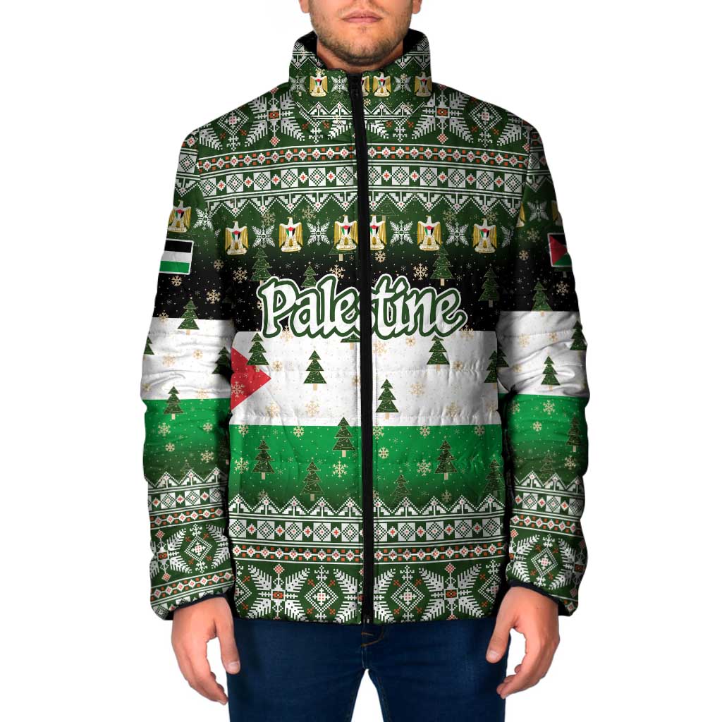 Palestine Christmas Padded Jacket with Green-White Theme, Tree Ornaments, and Nativity Scene Motif - Wonder Print Shop