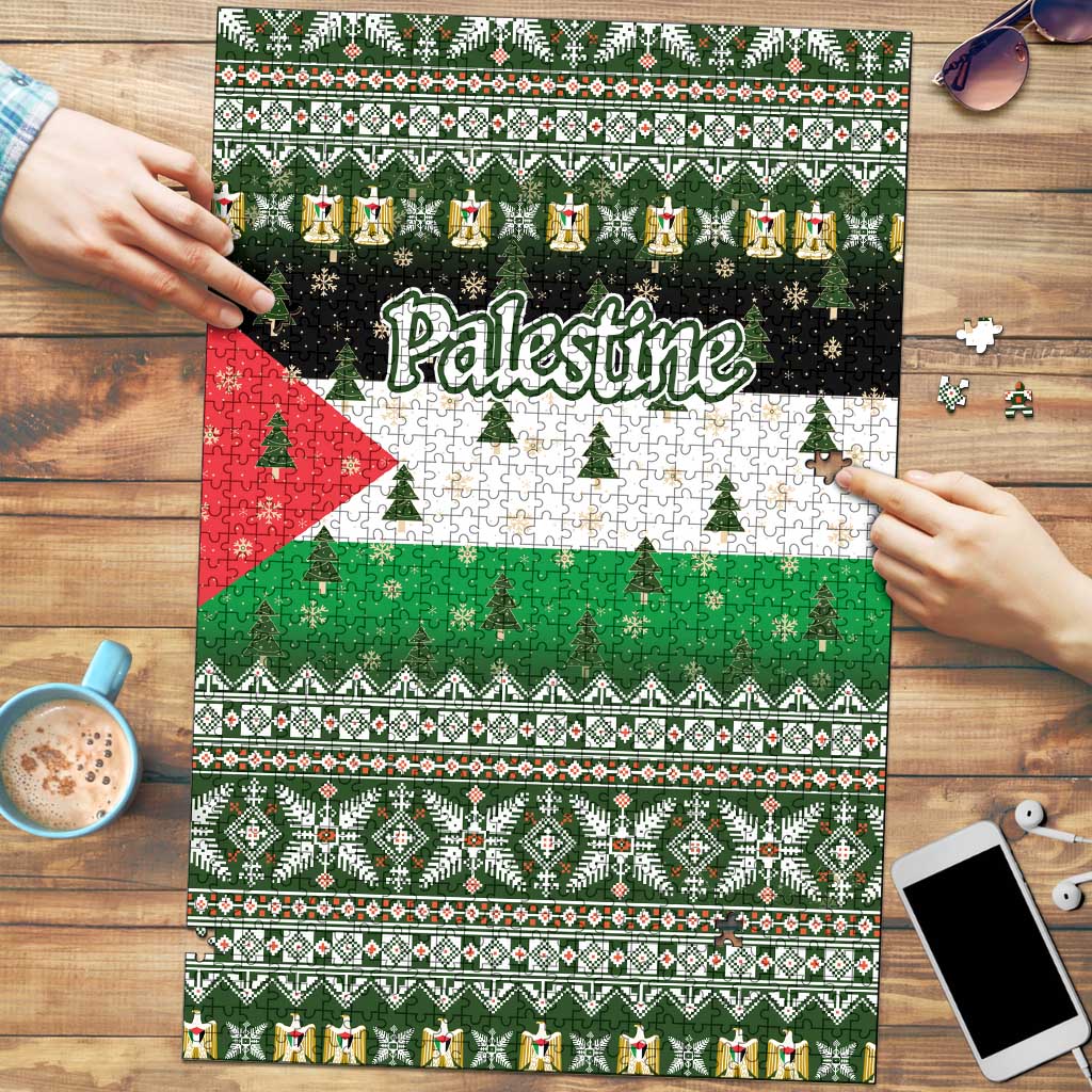 Palestine Christmas Puzzle with Green-White Theme, Tree Ornaments, and Nativity Scene Motif - Wonder Print Shop