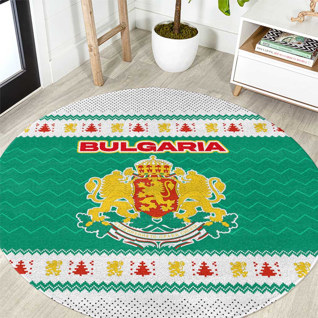 Bulgaria Christmas Round Carpet with Green-White Theme, Coat of Arms, and National Flag Motif - Wonder Print Shop