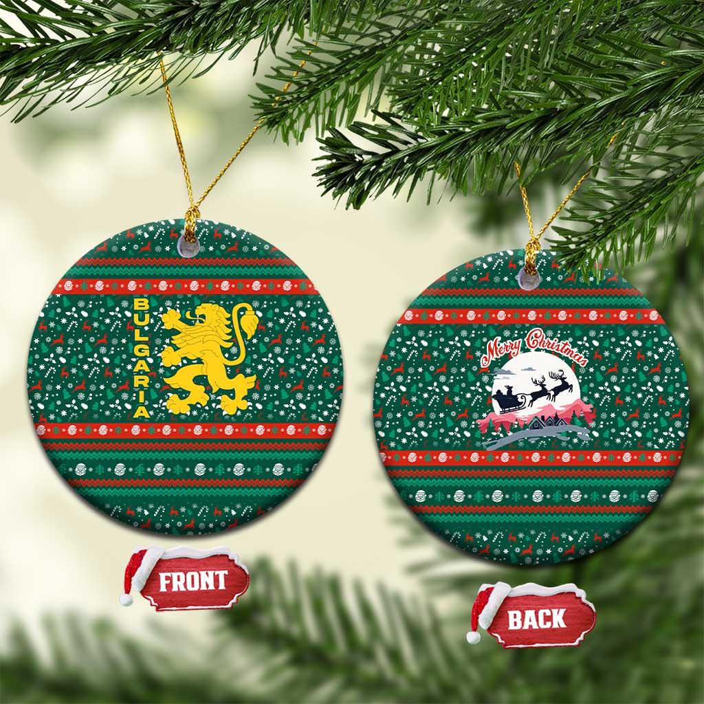 Bulgaria Christmas Ceramic Ornament with Green-Red Theme, Golden Lion, and Santa Sleigh Motif - Wonder Print Shop
