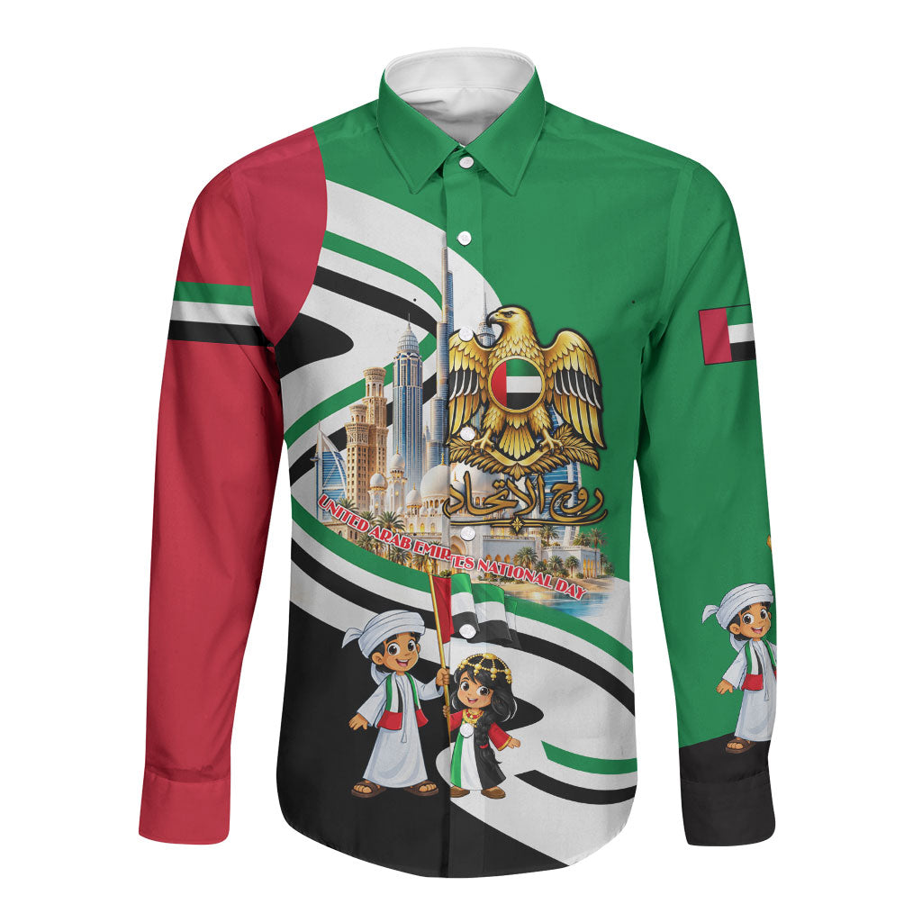 United Arab Emirates National Day Long Sleeve Button Shirt UAE Flag Golden Falcon Emblem Patriotic Pride