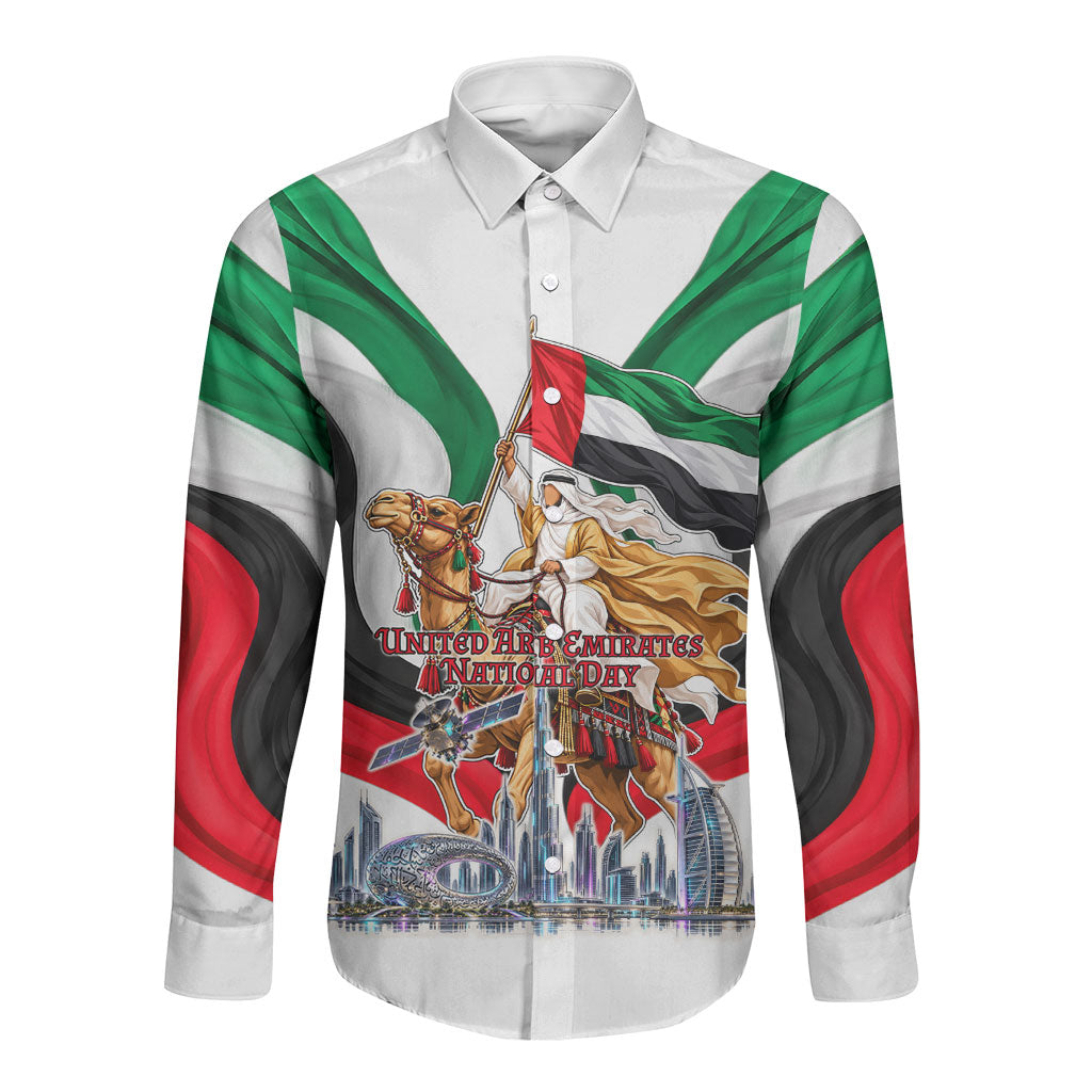 United Arab Emirates National Day Long Sleeve Button Shirt Seven Emirates Flag Camel Rider Dubai Skyline
